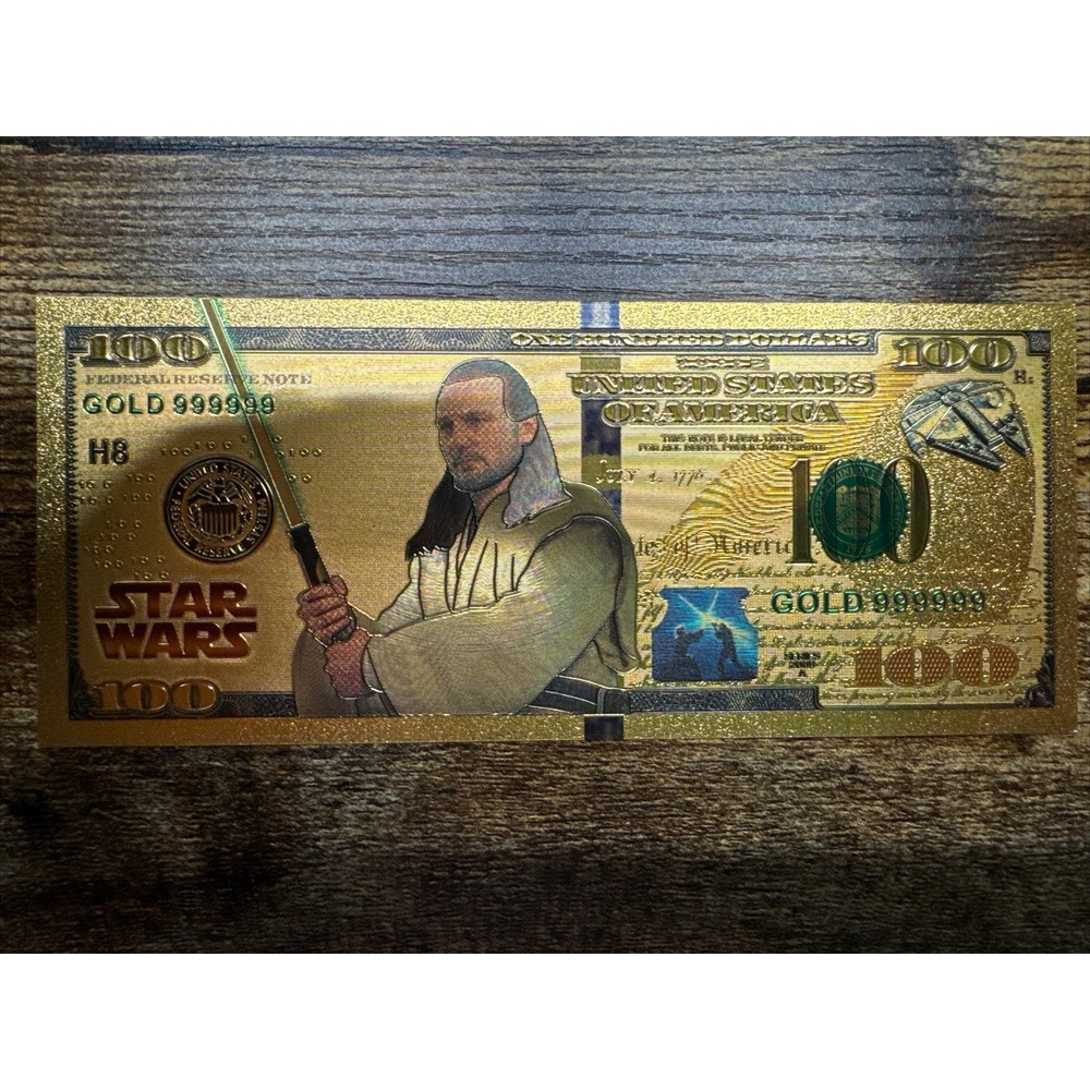 24k Gold Foil Plated Qui-Gon Jinn Banknote Star Wars Collectible $100 Bill